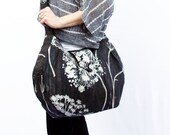 Black Bag / Hobo Bag / Diaper Bag: Sophisticated Sling Hobo Bag in Black and Silver Dandelion Fabric