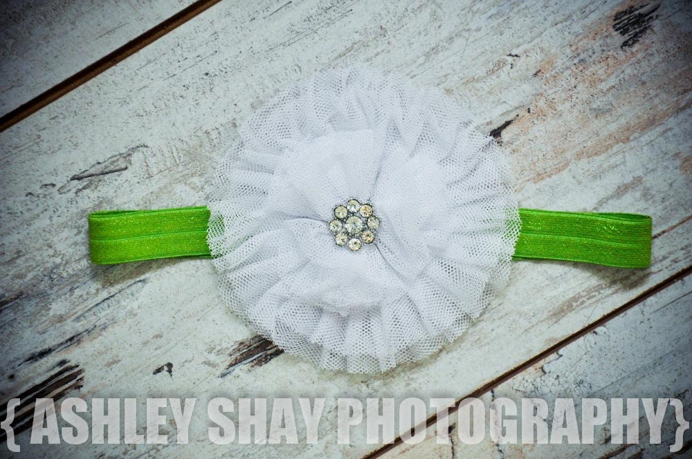 NEW - Large White Shabby Chic Flower on a Bright Olive Stretch Headband - St. Patrick's Day, Summer, Spring, Birthday