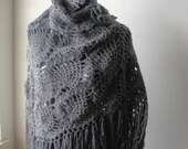Crocheted Pineapple Shawl, Gray, Fringe, Ready to Ship