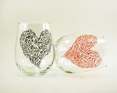 Valentine stemless wine glasses - Set of 2 - Hand painted white wine glasses - VALENTINE SALE, use coupon below