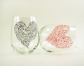 Valentine stemless wine glasses - Set of 2 - Hand painted white wine glasses - VALENTINE SALE, use coupon below