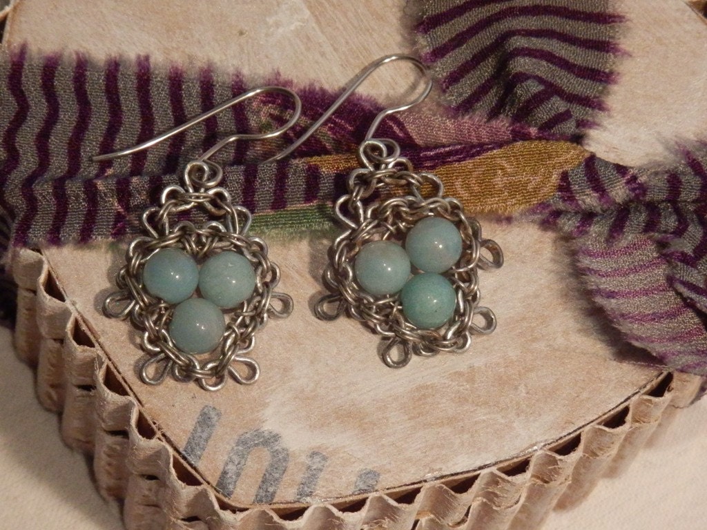 Birds Nest Earrings in Blue Amazonite Gemstone and Recycled Staples