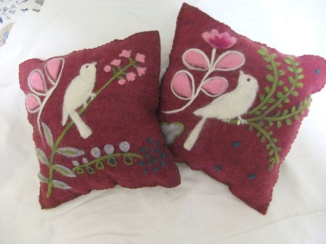 Needle Felted Decorative Pillows with Bird Design