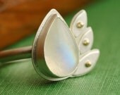 Rainbow Moonstone and Sterling Silver Leaf Ring with 14k Gold Accents OOAK