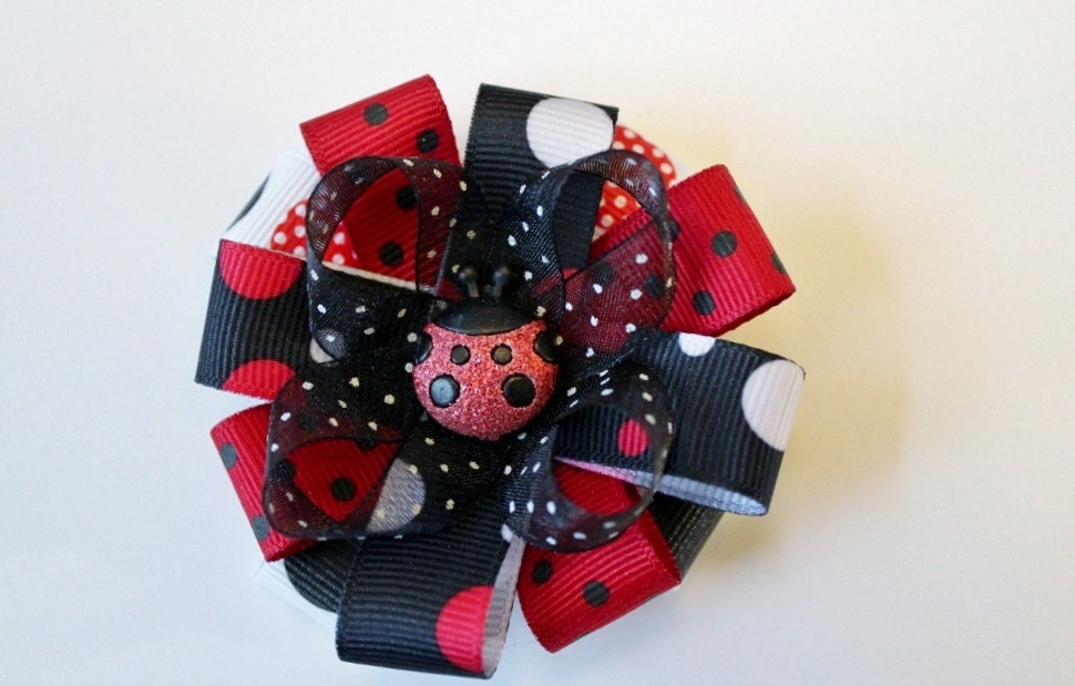 Black White Red Polka Dot Lady Bug Ribbon Hair Bow