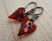 Valentine earrings, red Swarovski Crystal, heart earrings, oxidized sterling silver ear wires