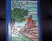 Stained Glass Style Wood Burned Desert Scene Plaque