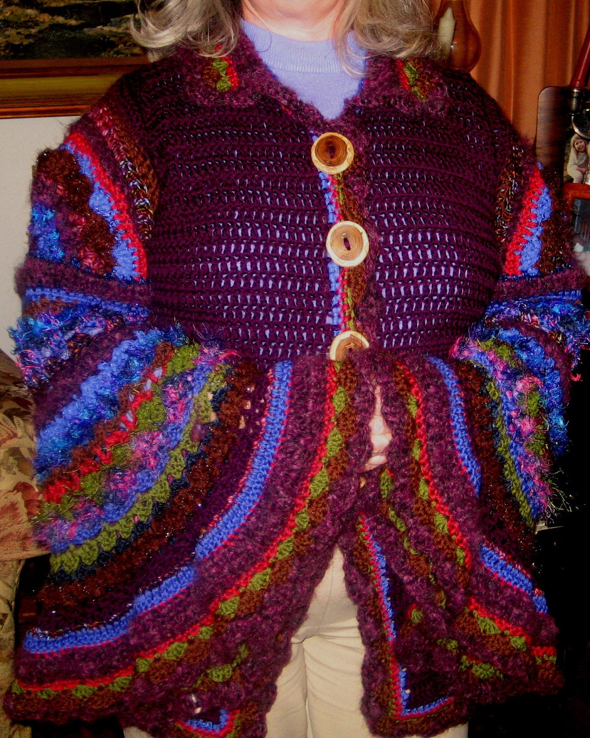 Crocheted Technicolor Sweater Dream Coat with Magical Sleeves, Reserved for Lisa