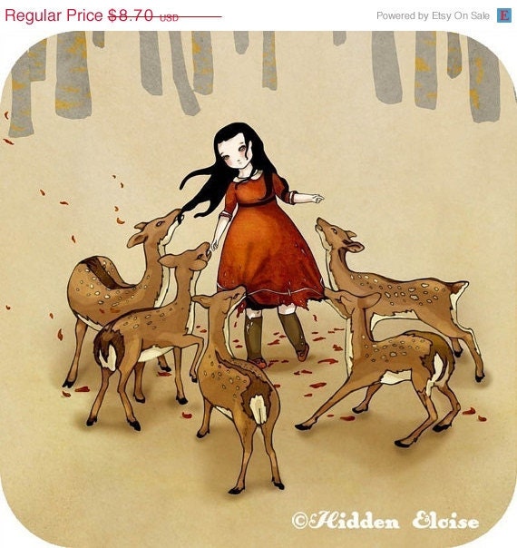 SALE -- Girl and Deer fairytale art drawing Dark fairytale book illustration Envy Wall decor wall art