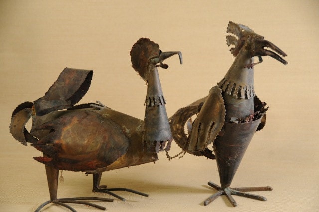 Handmade Copper Hen and Rooster