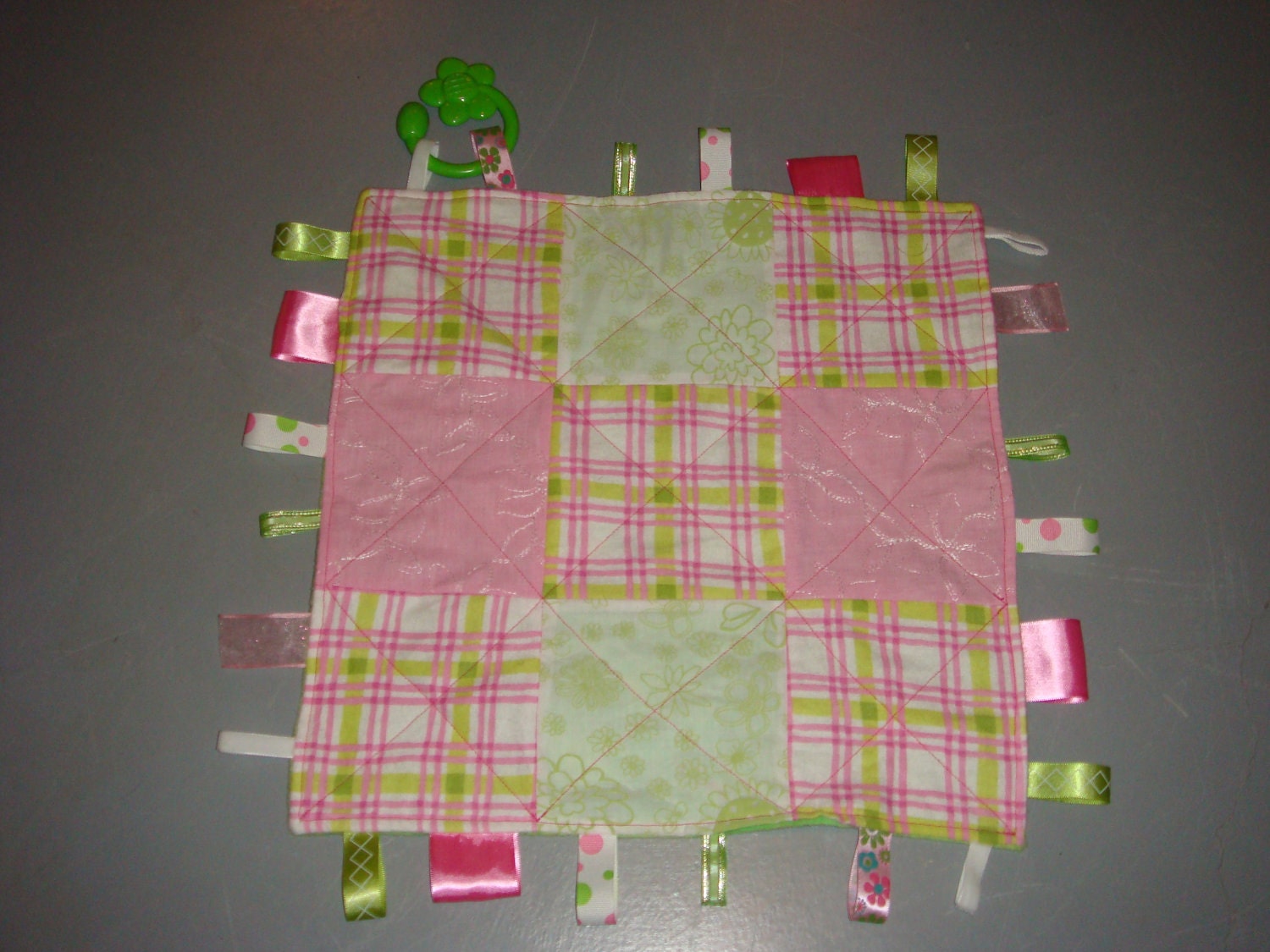 Pink and Lime Green Flower Taggie Blankie