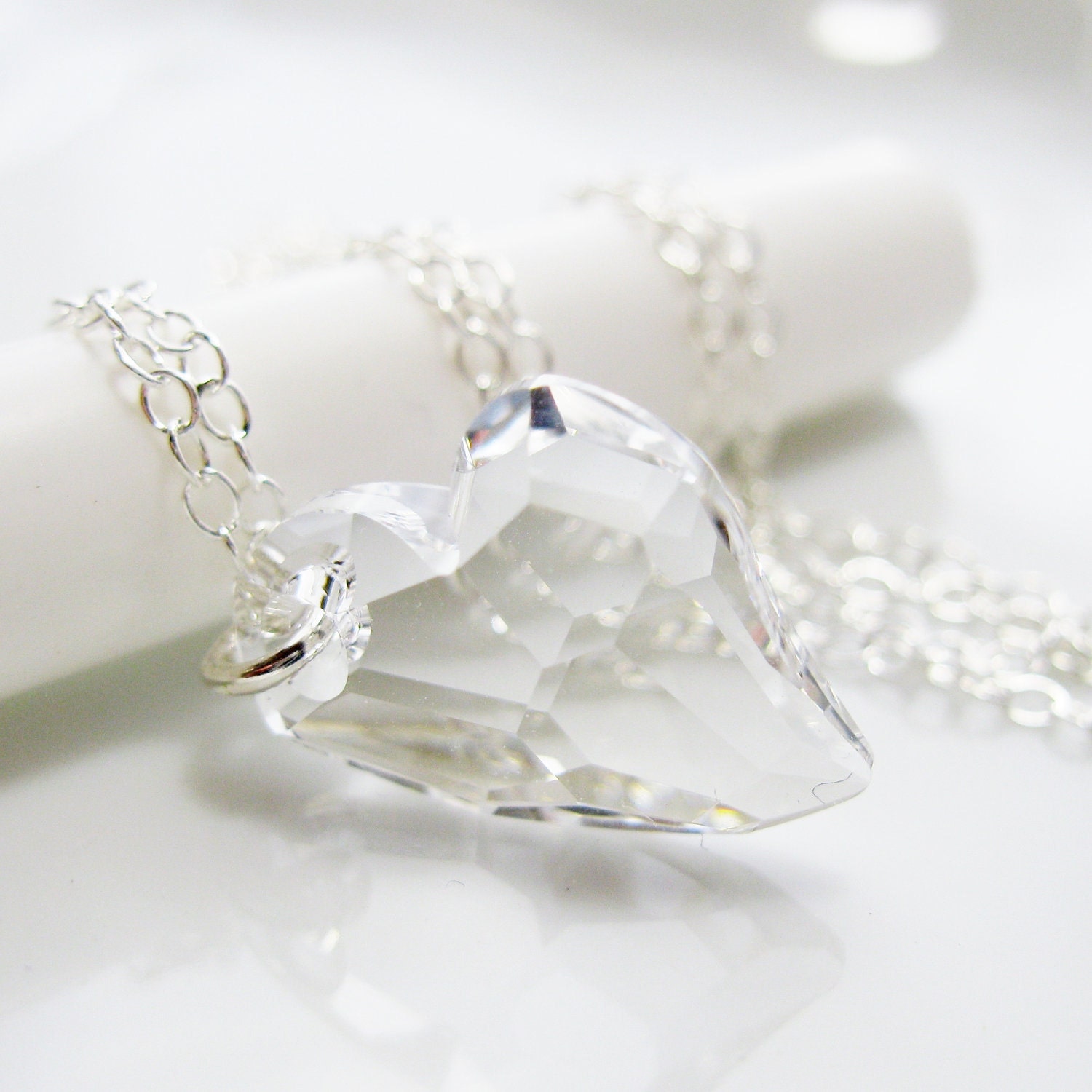 Crystal Clear Swarovski Heart Necklace, Sterling Silver - The Devoted Heart, XOXO, Valentines Day Gift