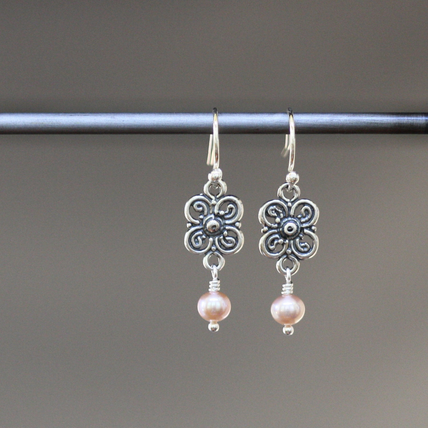 Elegant Pink Freshwater Pearl Earrings with Silver Flower Links