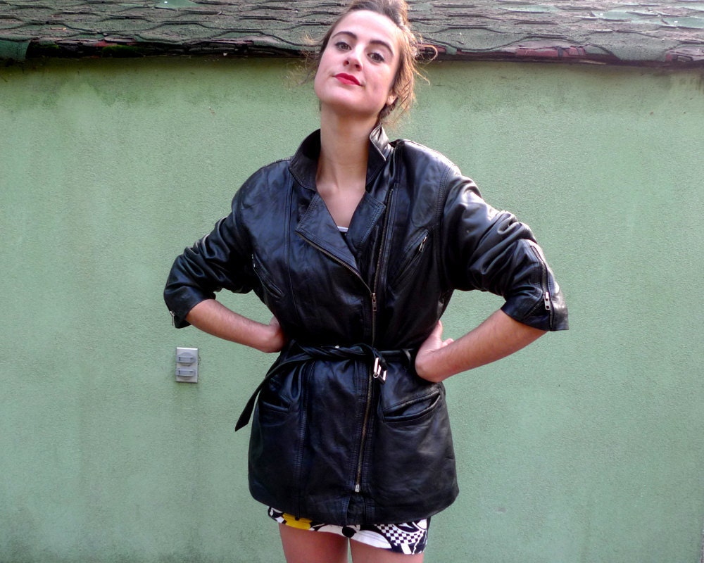 Black Leather Jacket Vintage 80s Belted size medium