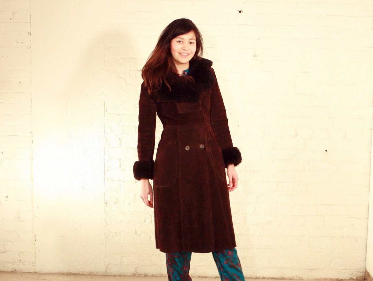 DARK CHOCOLATE 70s Suede & Faux Fur Trench Coat