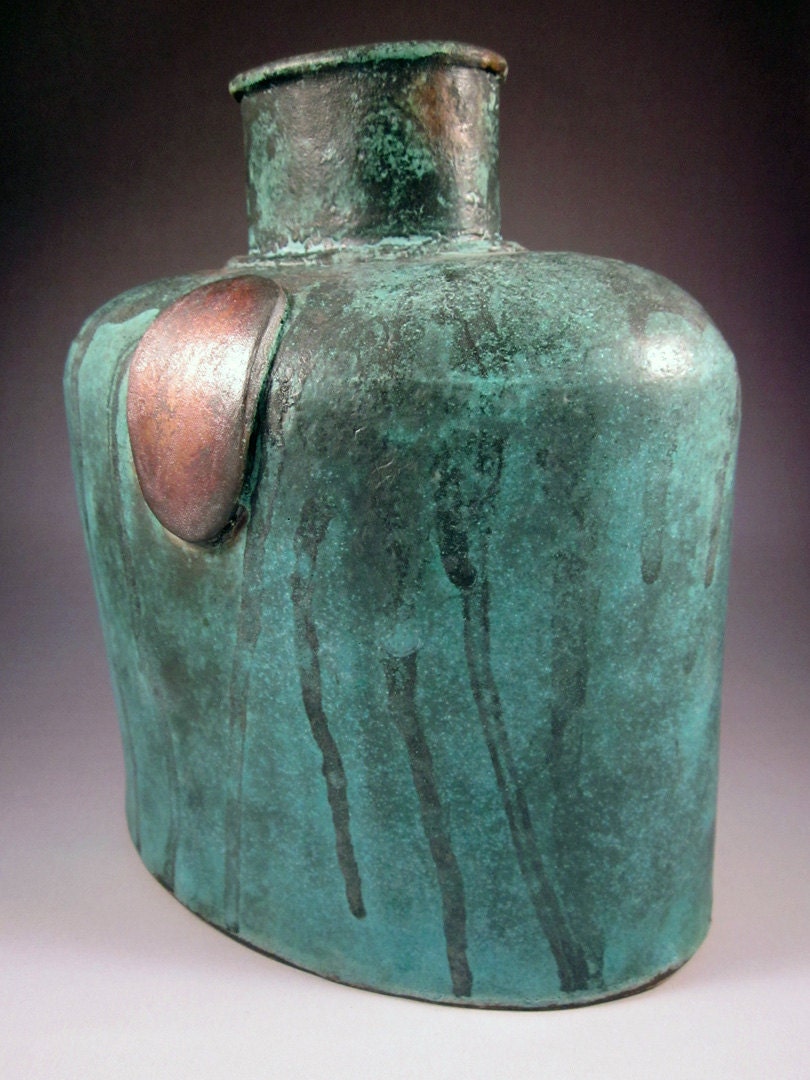 Weathered Bronze Turquoise Green Oval Ceramic Vase