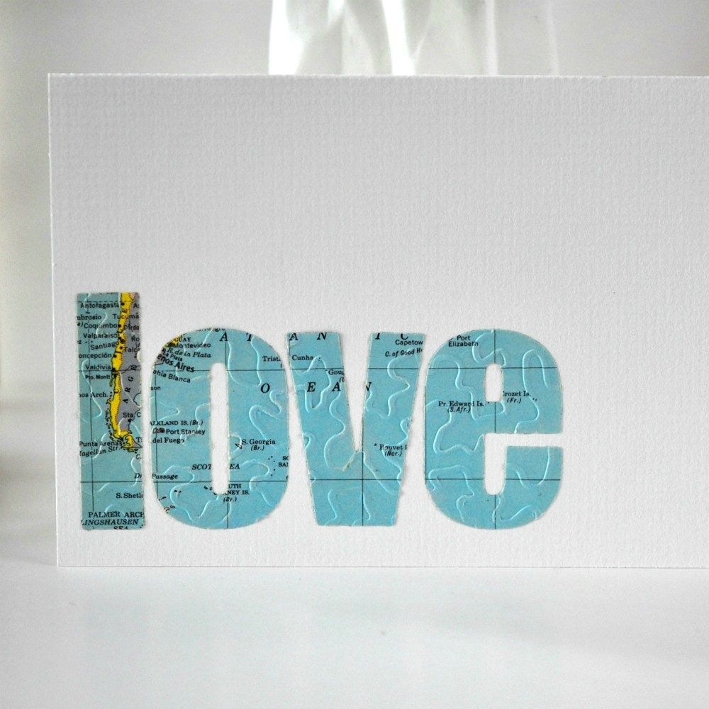 20% SALE Vintage Map LOVE Gift Card Blue Atlantic Ocean
