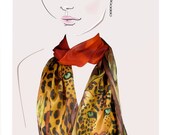 Hand painted silk scarf. (golden brown stalking leopards):  On the Prowl