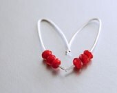 Valentine Jewelry - Ruby Red Glass Hook Earrings - Sterling Silver, Modern, Love, Rondelle, Hammered, Gift for Her, Under 25