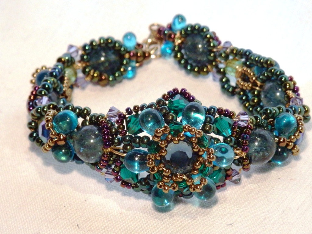 Peacock Diva Bracelet in Blue Green Beads Crystals and Rhinestone Bling