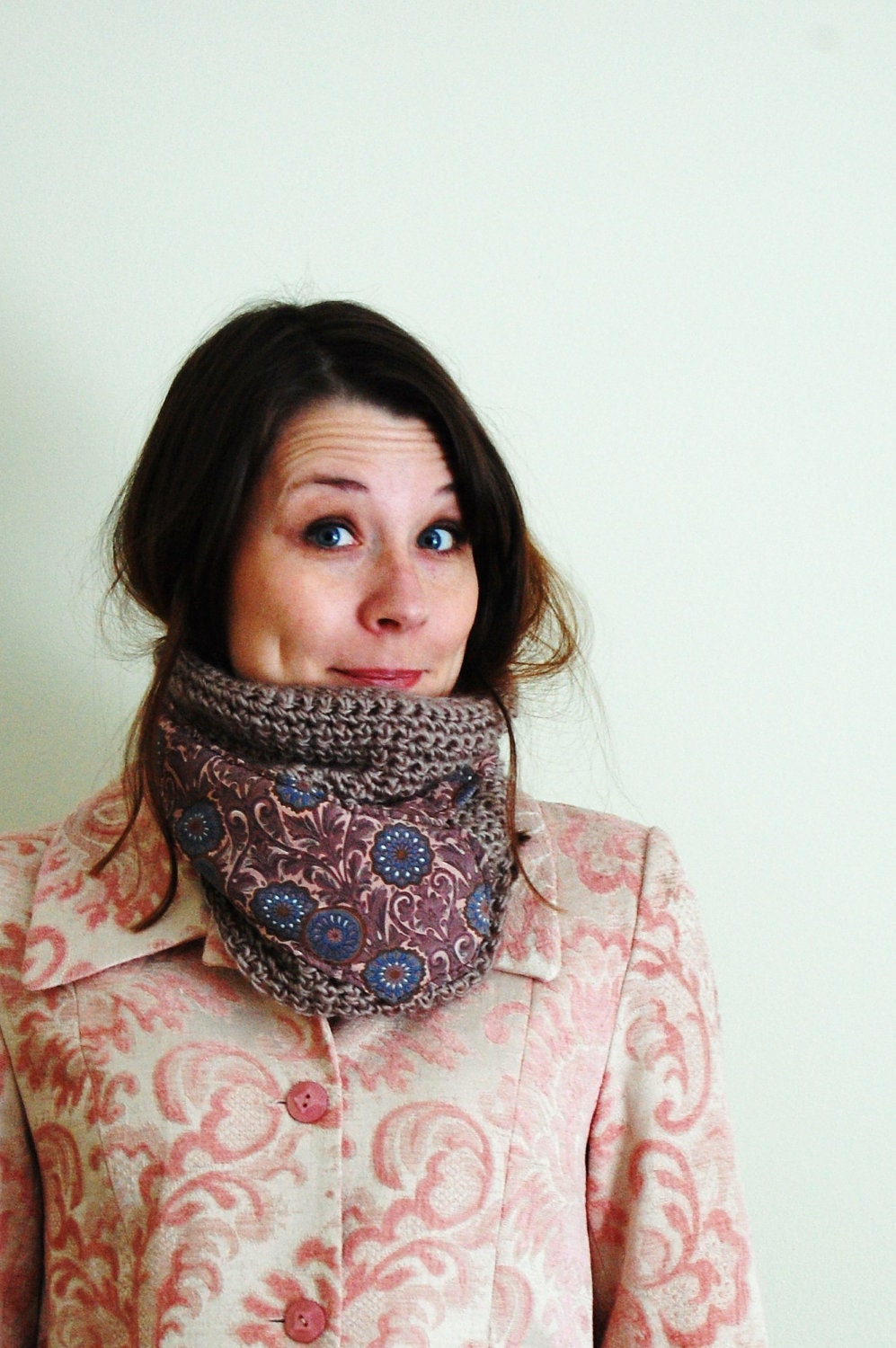 Crocheted neckwarmer with handsewn upcycled necktie
