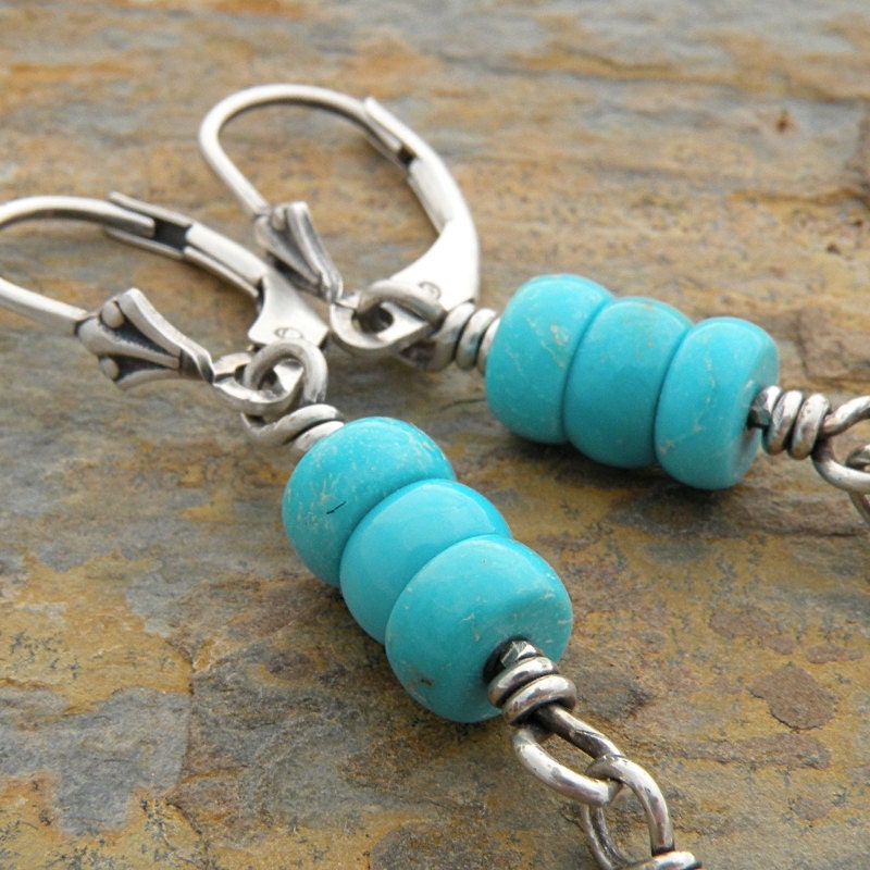 Turquoise Earrings, Gemstone, Sterling Silver, Hill Tribe Silver
