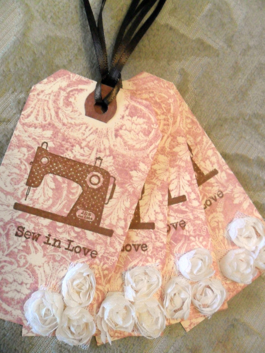 Sew in Love Hand Stamped Gift Tags Favor Tags with Fabric Rosettes