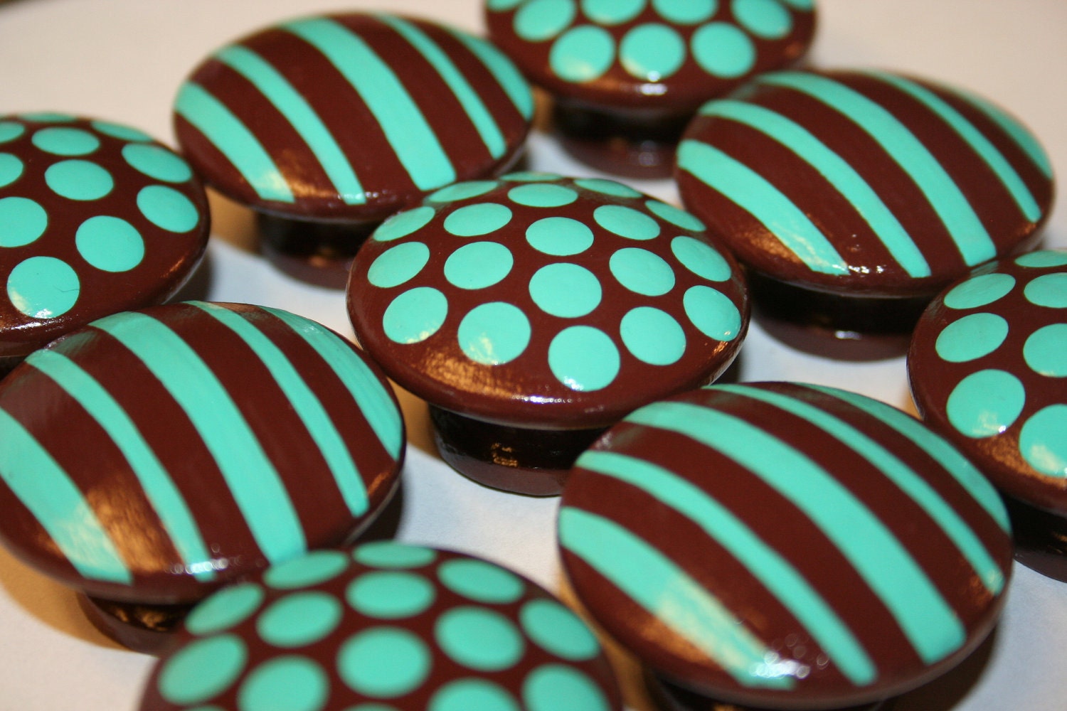 Brown and Turquoise Polka Dot and Striped Dresser Drawer Knobs- Set of 6