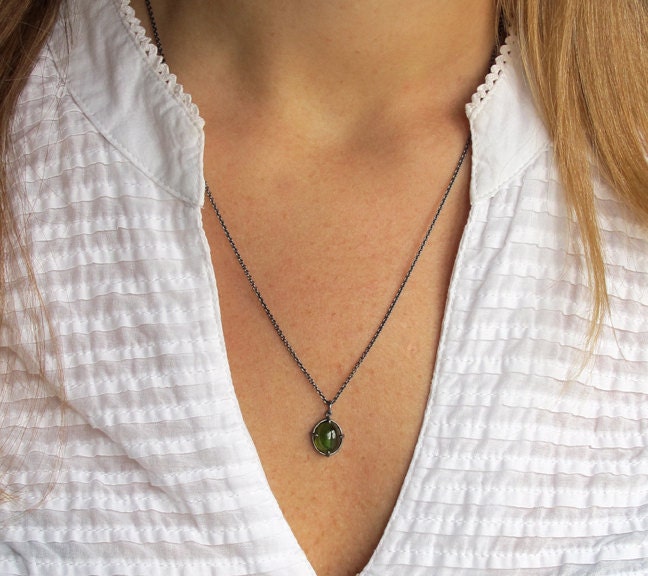 Green Tourmaline Pendant Charm Necklace Oxidized Sterling Silver