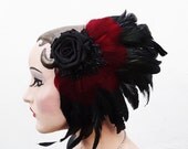 Weddings, Hair Accessory, Feather Fascinator, Red, Black, Flower, Rose, Burlesque Fan - Batcakes Couture
