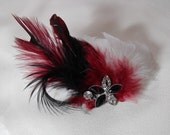 Black and Red Feather Fascinator, White Feather, Rhinestone Feather Brooch, Hair Clip, Headpiece, Style B026