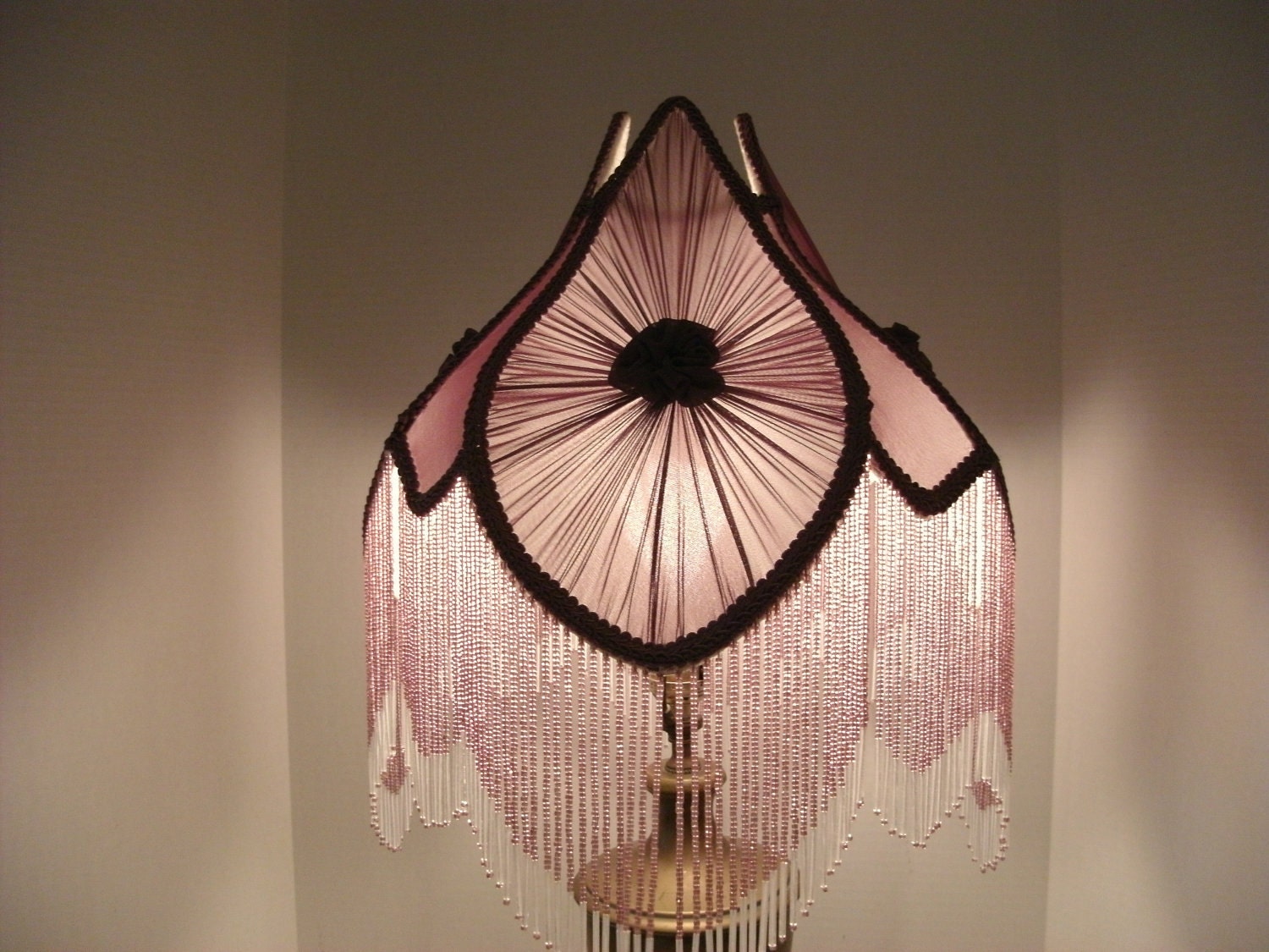 Vintage Brass Lamp With Material And Beaded Lamp Shade