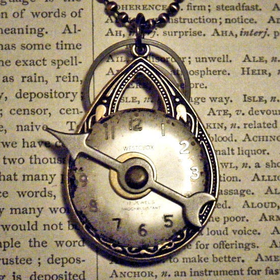 TIME SPINNER - Steampunk Victorian Vintage Watch Dial Parts Altered Art Repurposed Mens, Womens Necklace