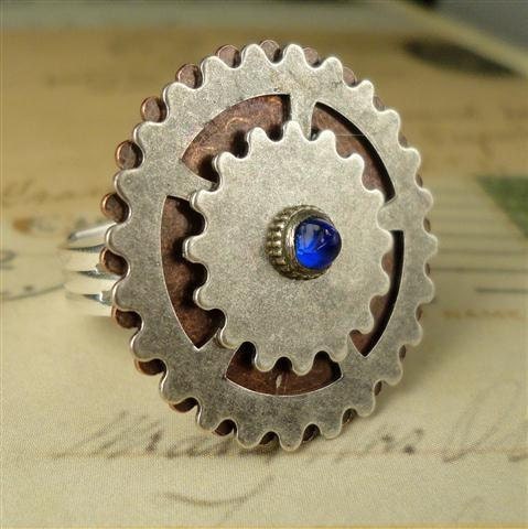 Sapphire Steampunk Ring Antique Sapphire Watch Crown Bronze Silver Cogs Adjustable Silver