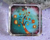 Teal Sunset Orange Art Tree sterling silver swarovski pendant necklace Hippie Chic Boutique