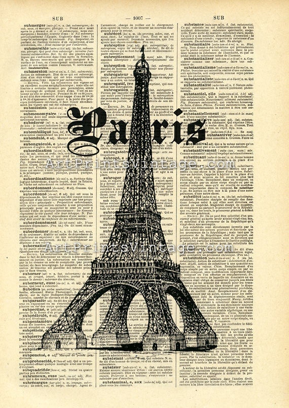 Paris PRINT on Vintage Dictionary Page - Upcycled Art 8 x 10 Print (No. P116)