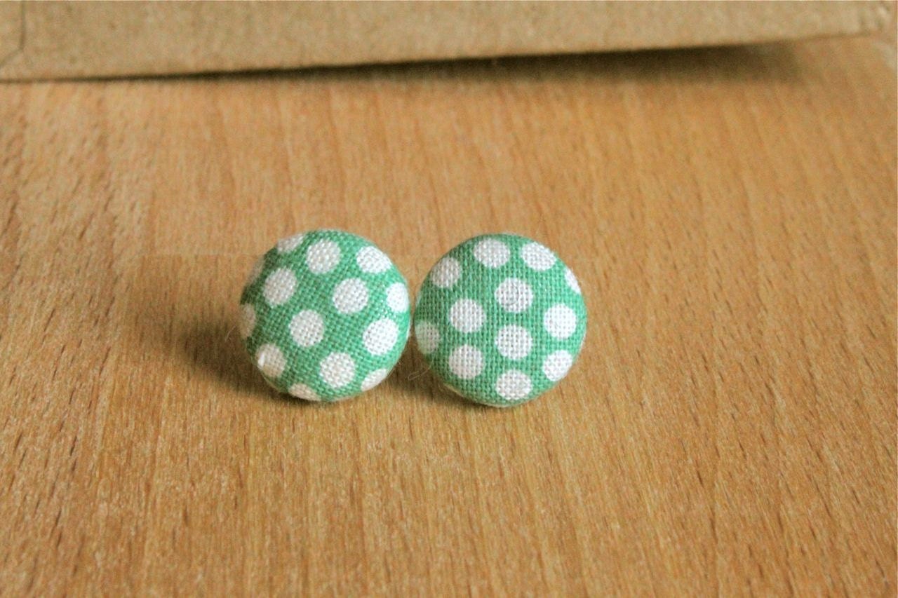 Light Green with White Polka Dot Fabric Button Earrings