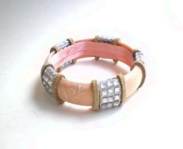 Western Chic up cycled pale peach bangle, suede, faux rhinestone - BoudicaBags