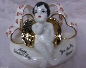 Ceramic Cherub Tealight Holder-Valentine Hearts-Handcrafted-5"Tall