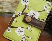 Kindle Fire Cover, Nook Cover, e-reader Cover-Kiwi Suede Padded Book Style Cover Hand Painted with Cherry Blossoms