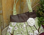 Ultrasuede Hand Painted Pleated Handbag with White Cherry Blossoms on Sage Green with Faux Leather Trim