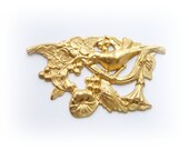 1 Large BIRD Perched on Trumpet Flower - Vintage Silver Ox Brass Pendant  - Brass Jewelry Findings - Stamping (BF)