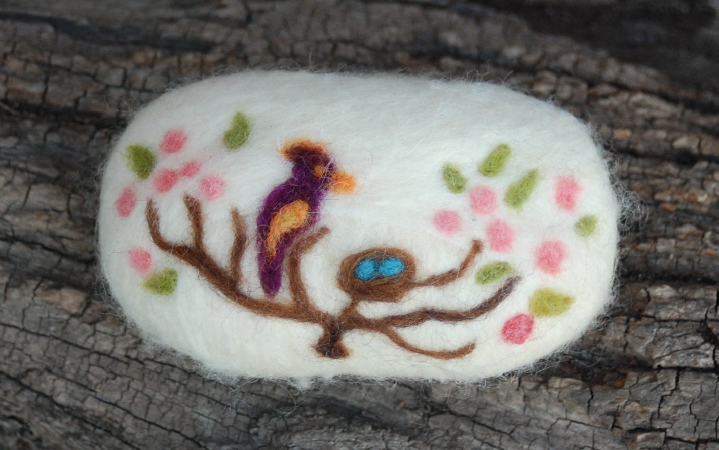 Felted Soap Merino Wool Woodpecker With Nest , Free Trial Size Bar With Every Order