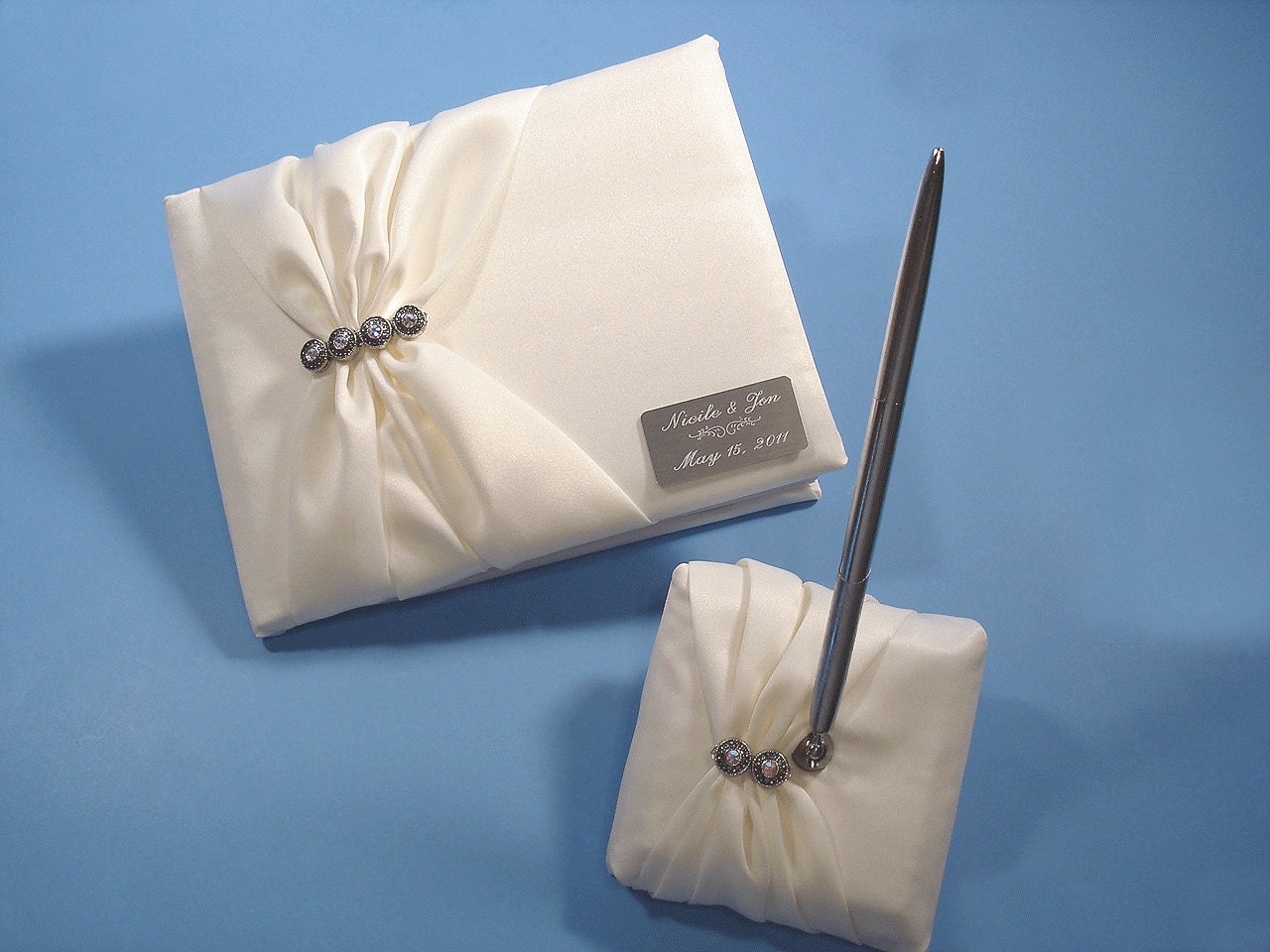 Ivory Guest Book and Wedding Pen Set with Swarovski Crystals and Personalized Engraving
