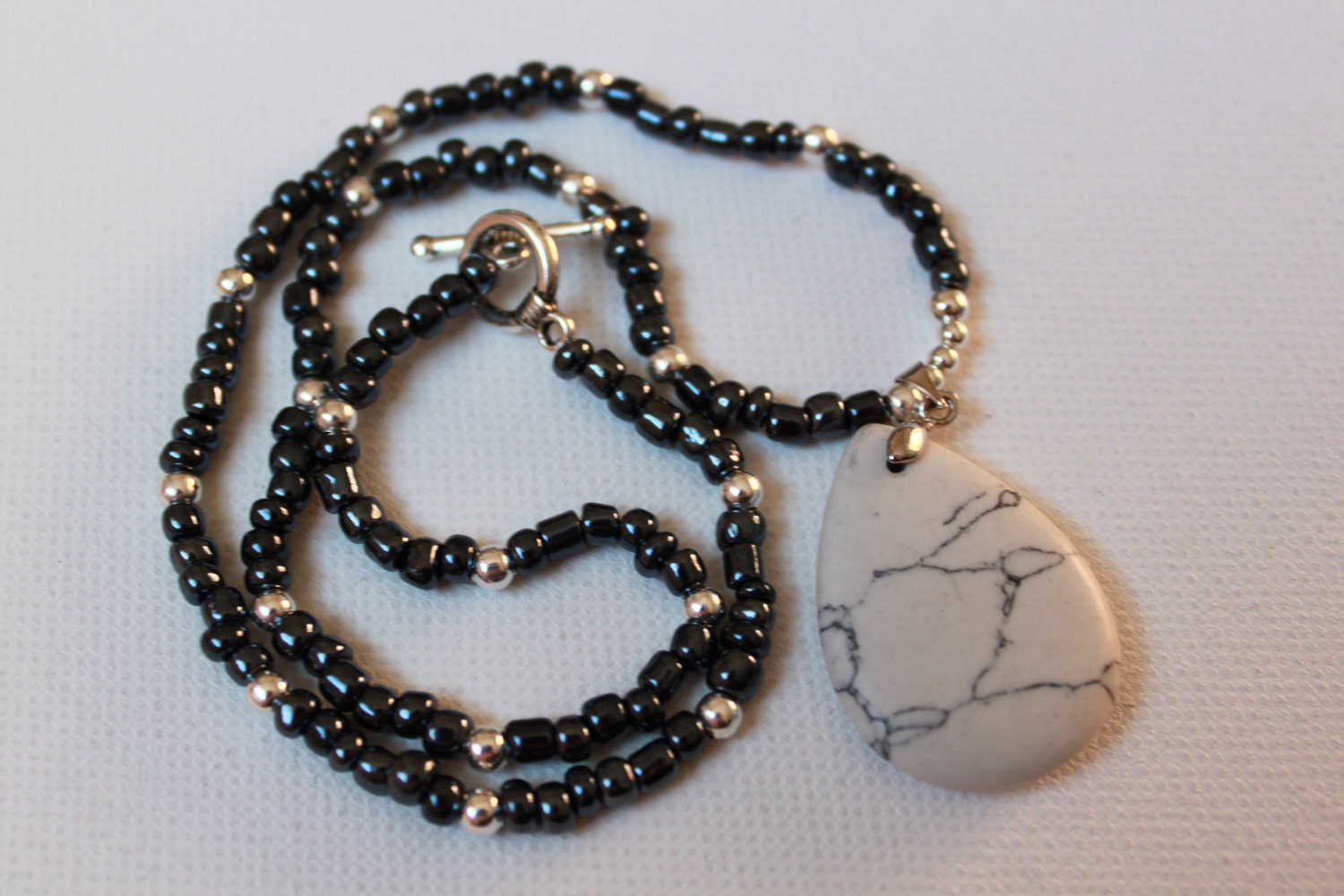 Glass and Silver plated  beads Necklace with White natural  Stone  Tear drop Pendant - Ready To Ship