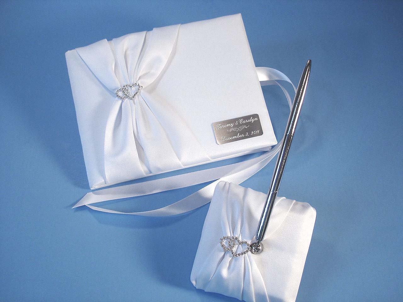 White Guest Book and Wedding Pen Set with Linked Hearts and Personalized Engraving