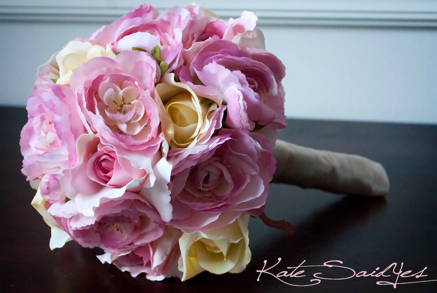 Wedding Bouquet - Pink and Yellow Rose and Ranunculus Garden Bouquet