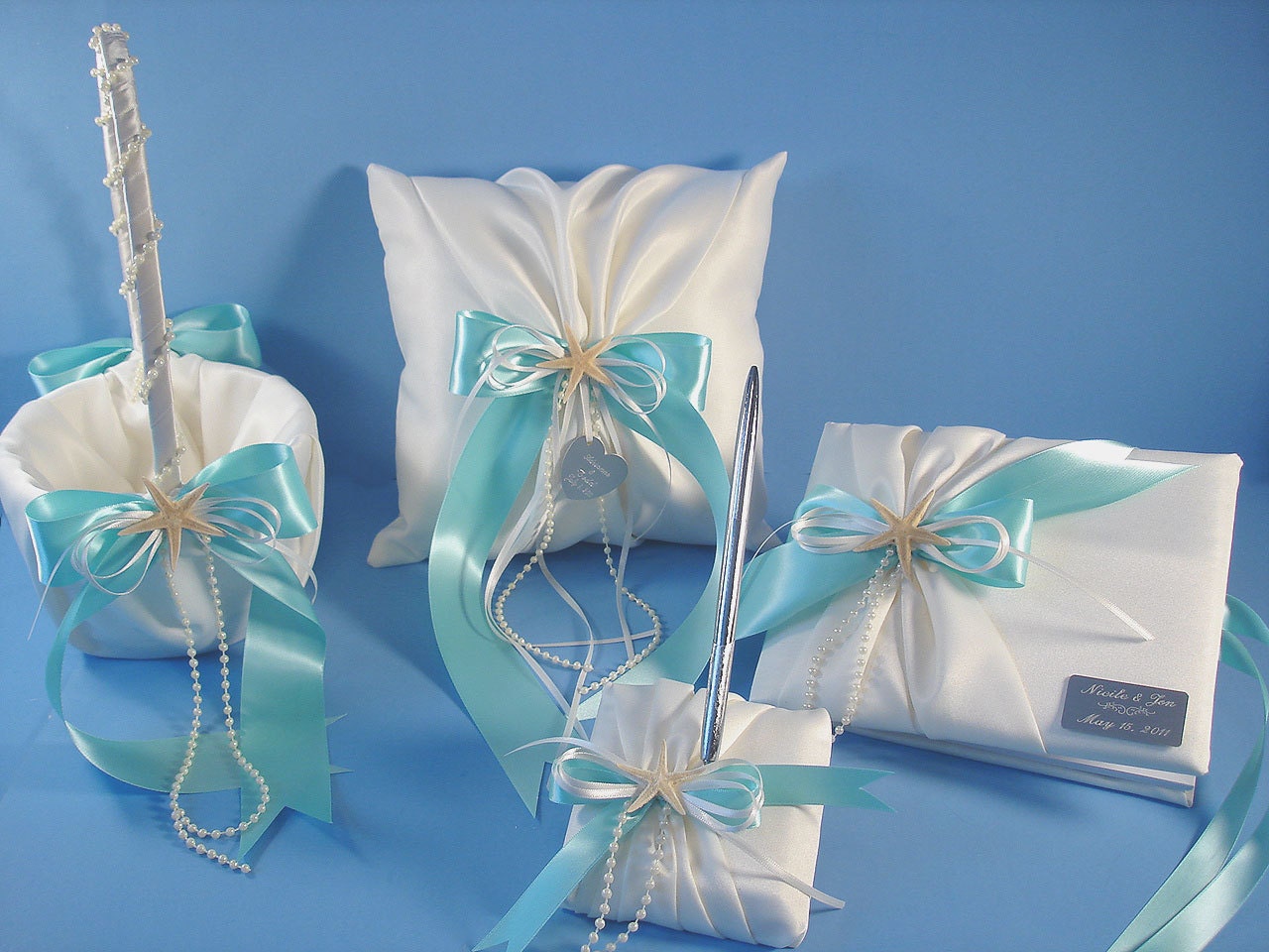 Beach Wedding Accessories, Guest Book, Pen, Flower Girl Basket, Ring Bearer Pillow with Starfish and Engraving