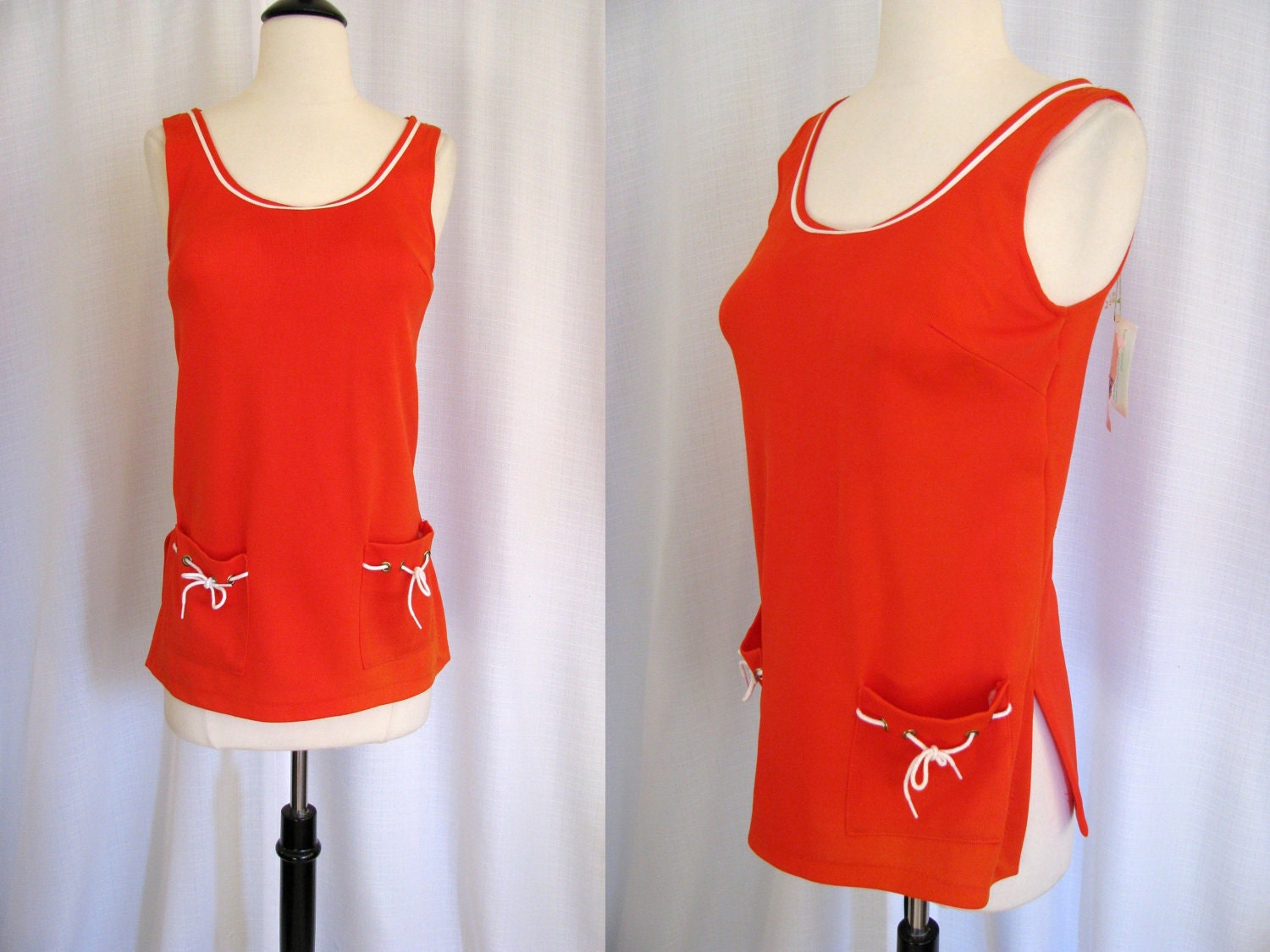 Vintage 1960s Carol Brent Tangerine Orange and White Swimsuit Top with Original Tags - NWT Size S