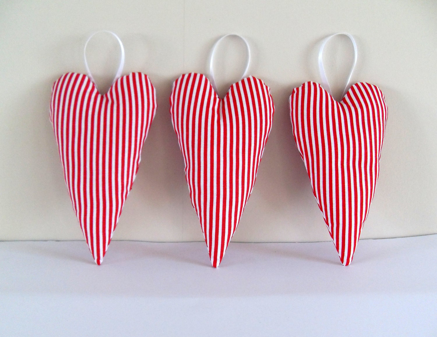 Valentine Love Hearts - set of 3 hanging White and Red candy striped fabric love hearts valentine shabby chic holiday decoration
